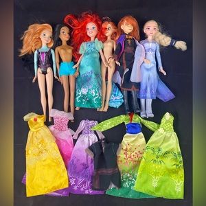 Disney Princess Dolls Dresses Mixed LOT Frozen Elsa Ariel Jasmine etc Needs TLC